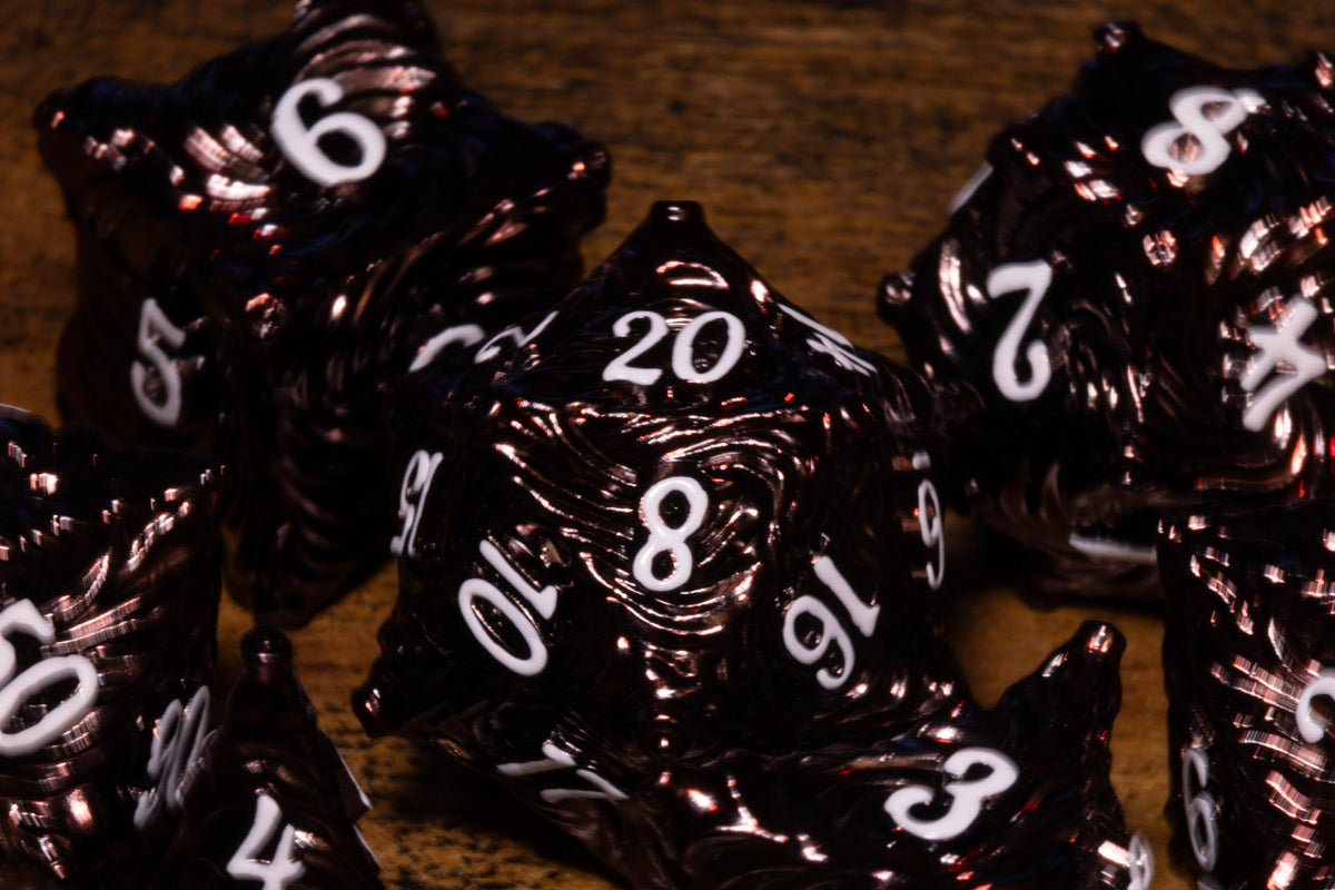 Vortex 7-Piece Metal Dice Set – Dark Red with White Numbers