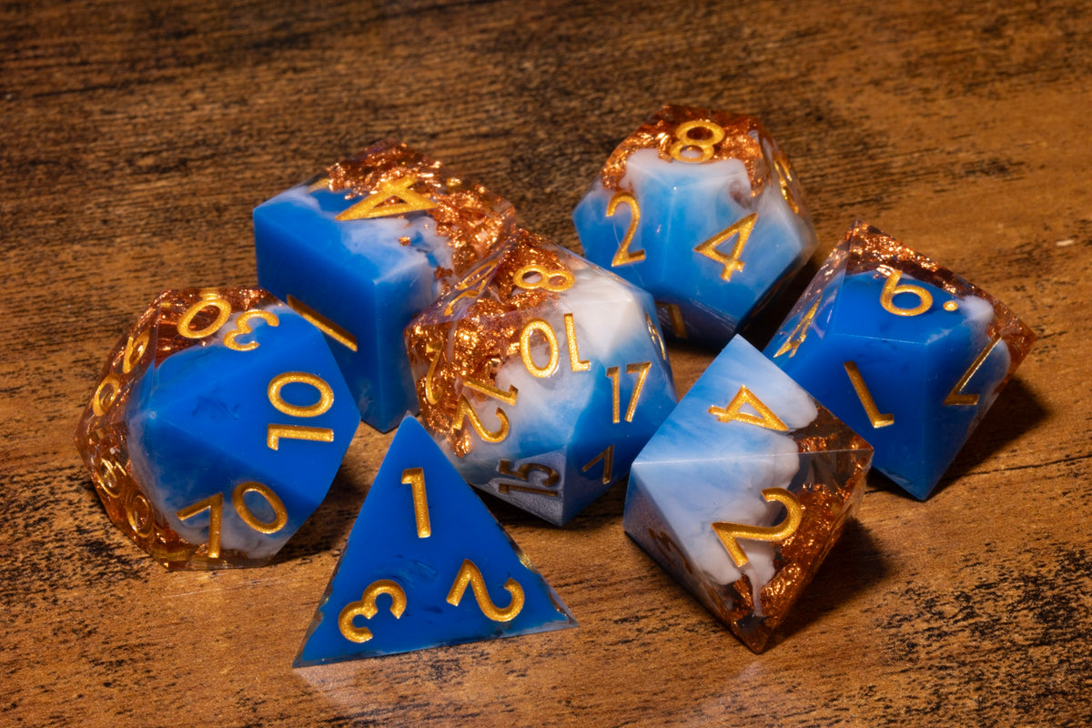 Sapphire Sky 7-Piece Sharp Edge Dice Set – Royal Blue and White with Copper Flakes
