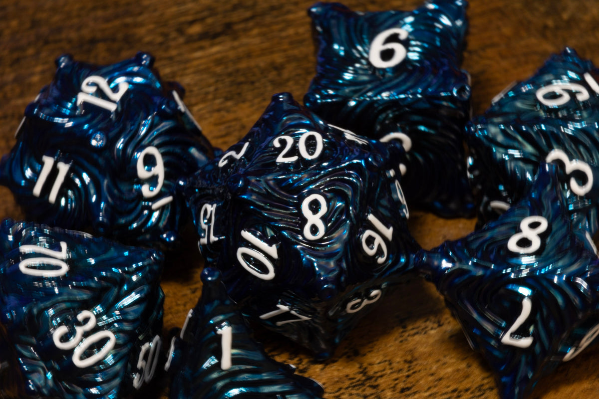 Vortex 7-Piece Metal Dice Set – Navy Blue with White Numbers