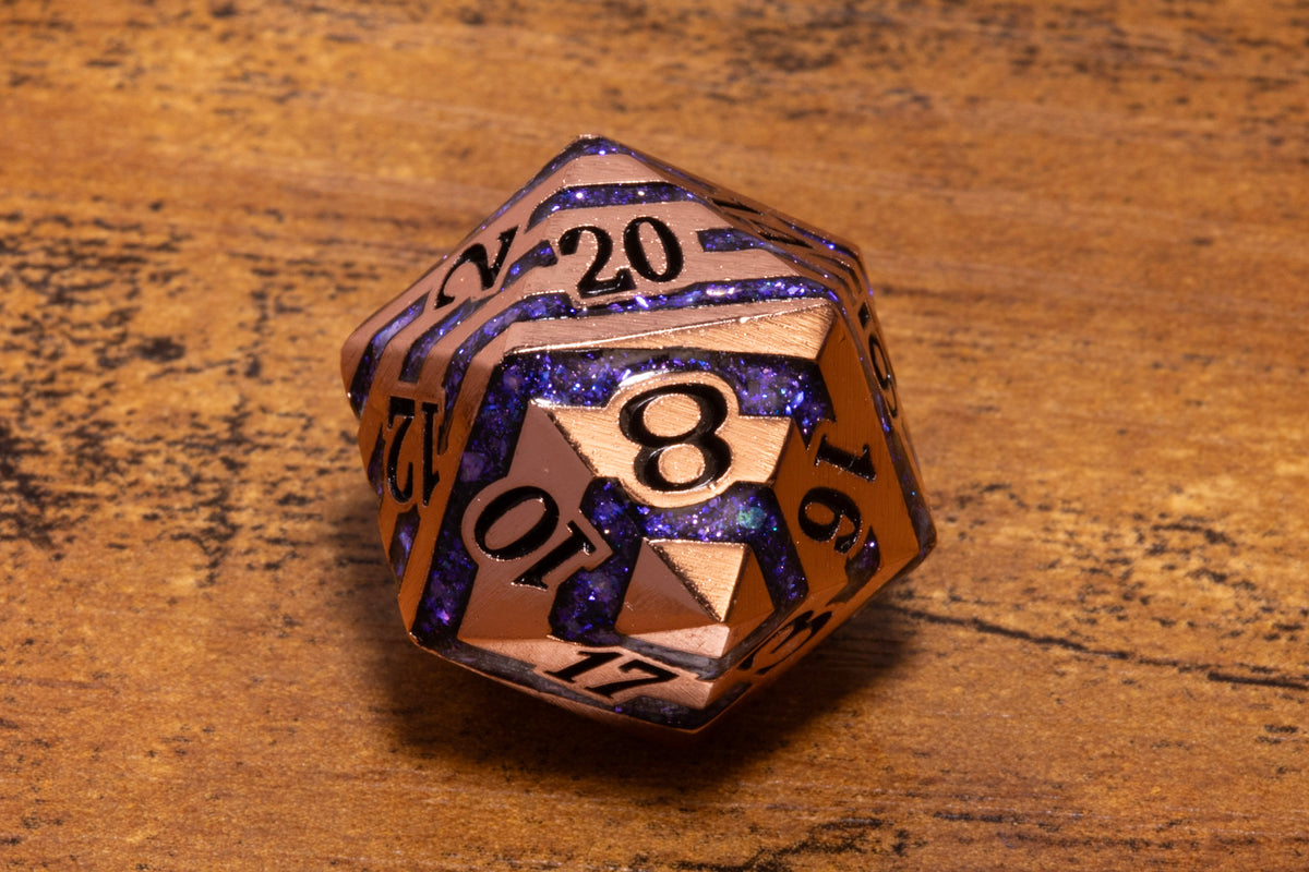 Rift Artifact Metal D20 – Copper with Purple Stripe