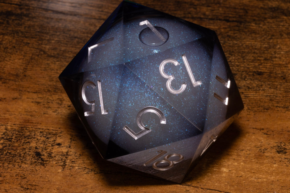 Midnight Tide Liquid Core Gargantuan D20 – 55mm Chonk D20 with Blue-Grey Shimmer Core