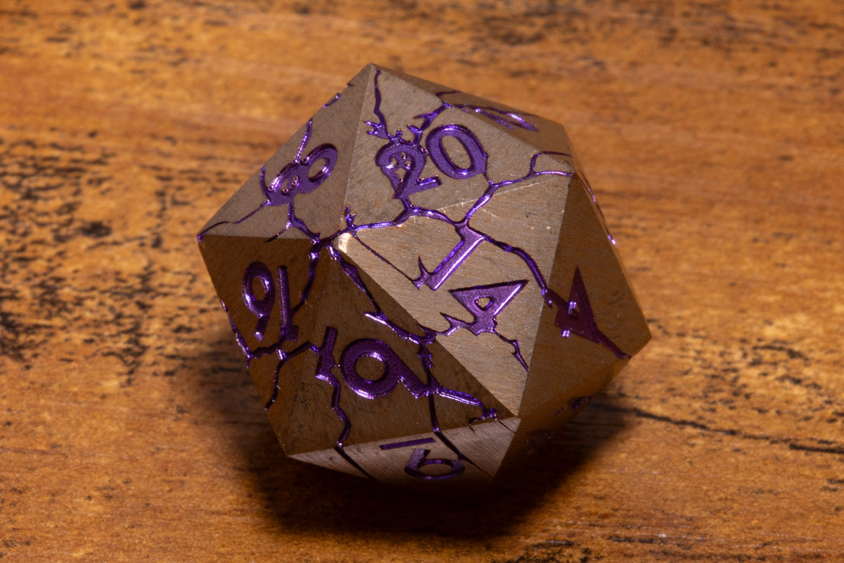 Eldritch Shard Metal D20 – Silver with Purple Cracks