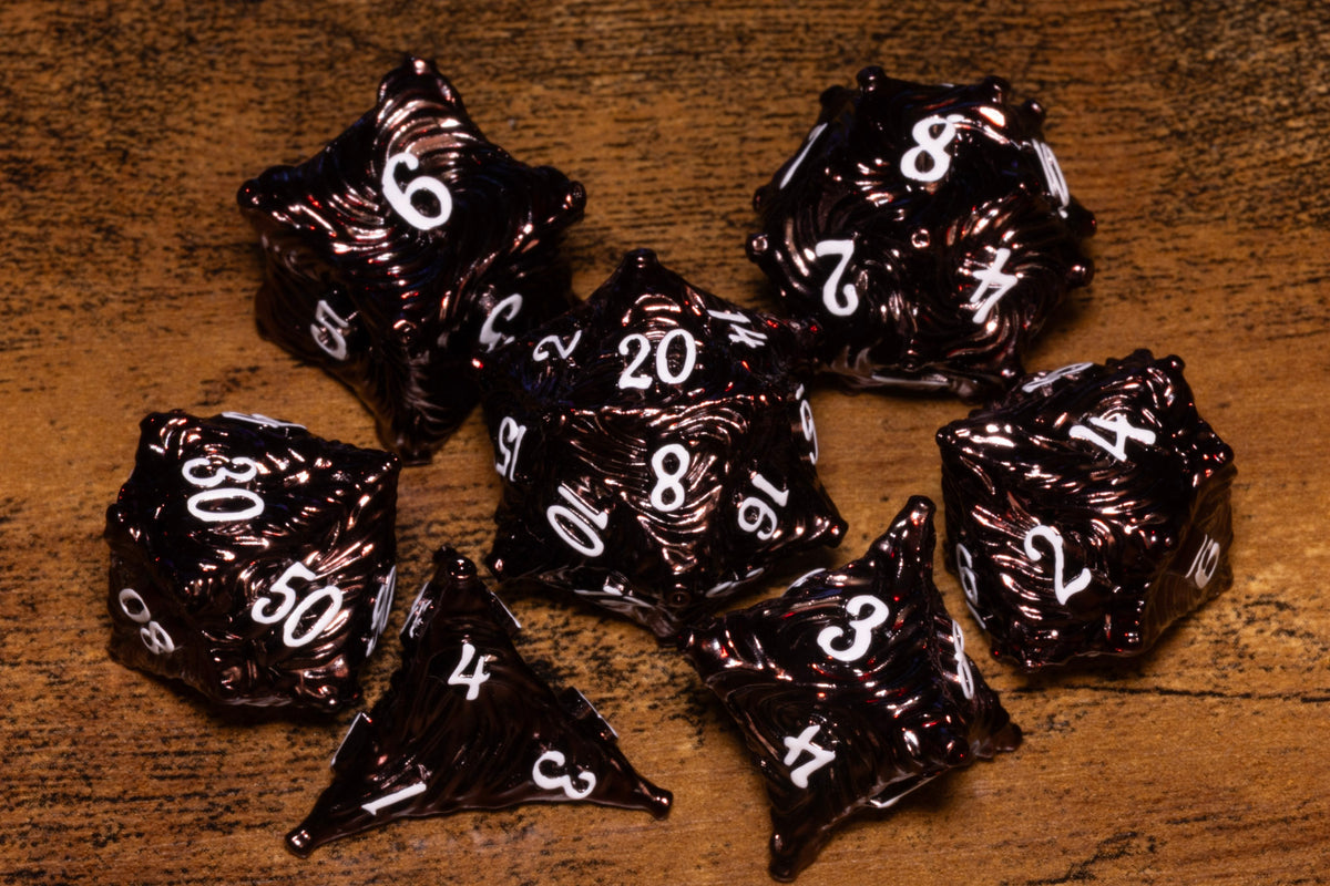 Vortex 7-Piece Metal Dice Set – Dark Red with White Numbers