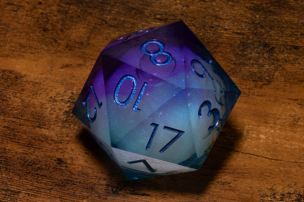 Twilight Mist Liquid Core Gargantuan D20 – 55mm Chonk D20 with Blue & Purple Shimmer Core