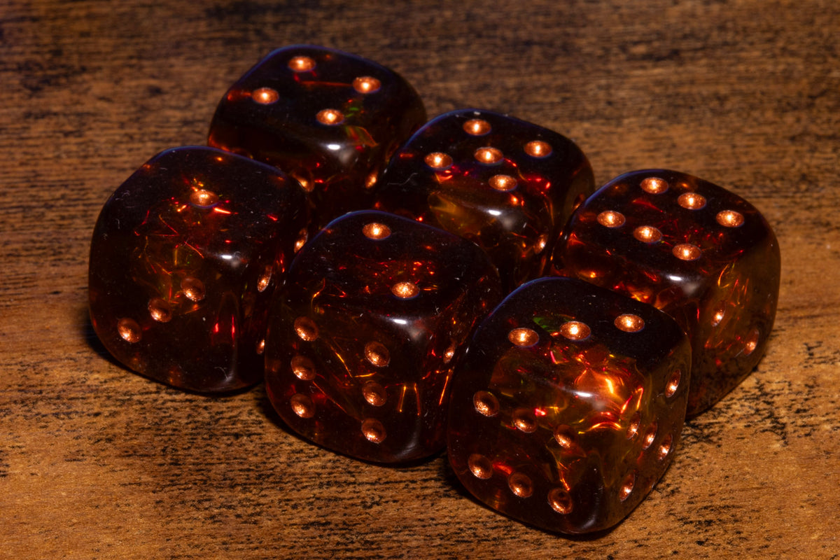 Ember Opal Six-Sided PIP Dice – Translucent Brown with Copper Pips