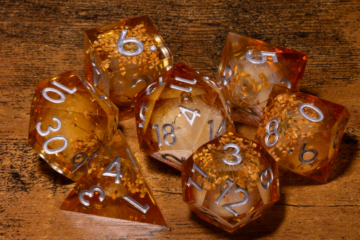 Honey Meadow 7-Piece Liquid Core Dice Set – Amber with Wildflower Core