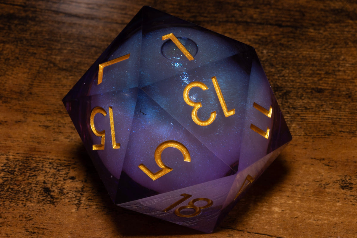 Amethyst Storm Liquid Core Gargantuan D20 – 55mm Chonk D20 with Purple Shimmer Core