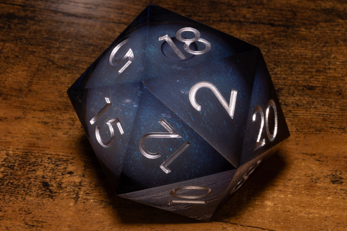 Midnight Tide Liquid Core Gargantuan D20 – 55mm Chonk D20 with Blue-Grey Shimmer Core