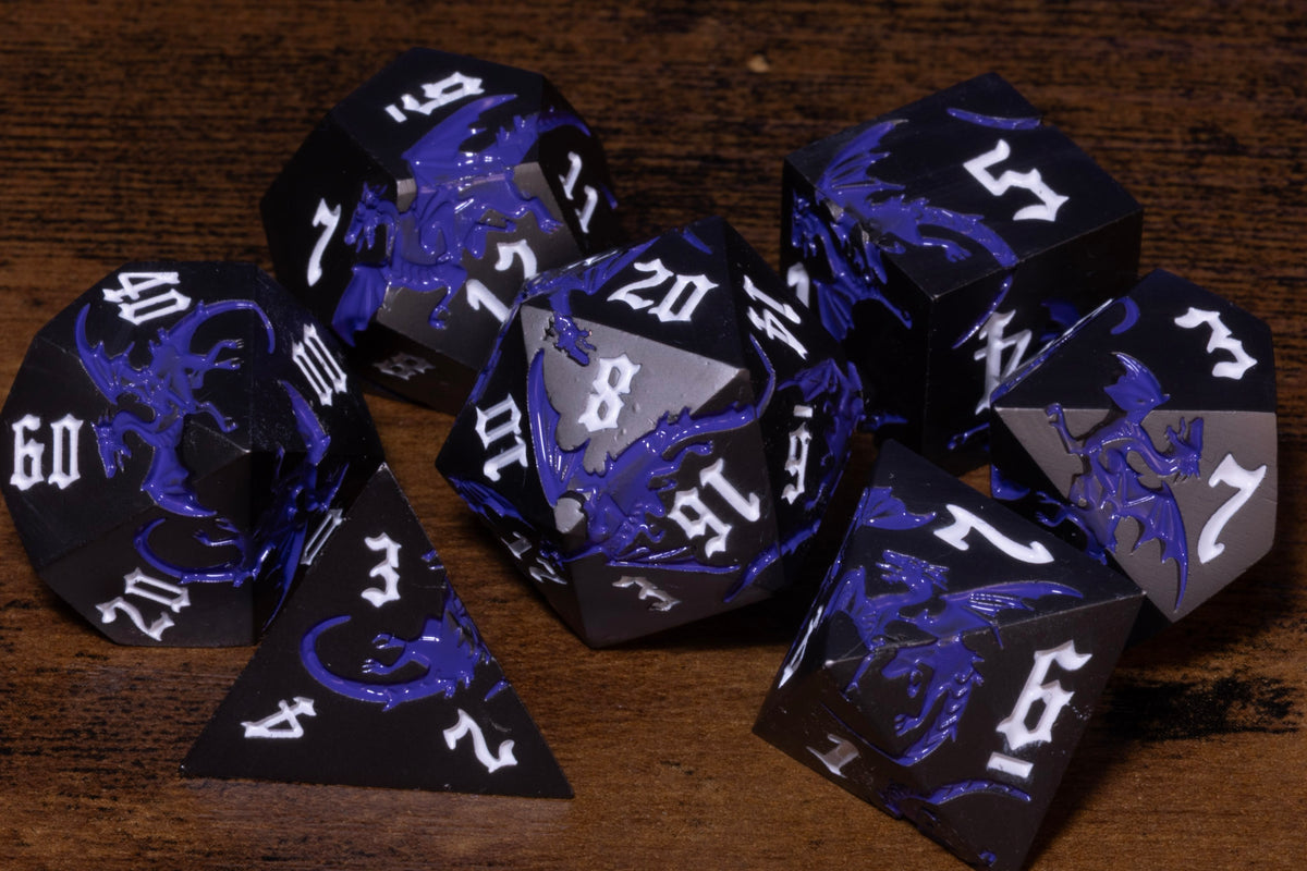 Dragoncore 7-Piece Metal Dice Set – Black with Purple Dragons