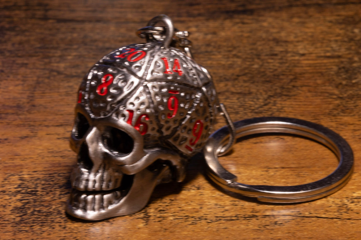 Skull Dice Keeper Keychain – Metal Skull with Miniature 7-Piece Copper Dice Set