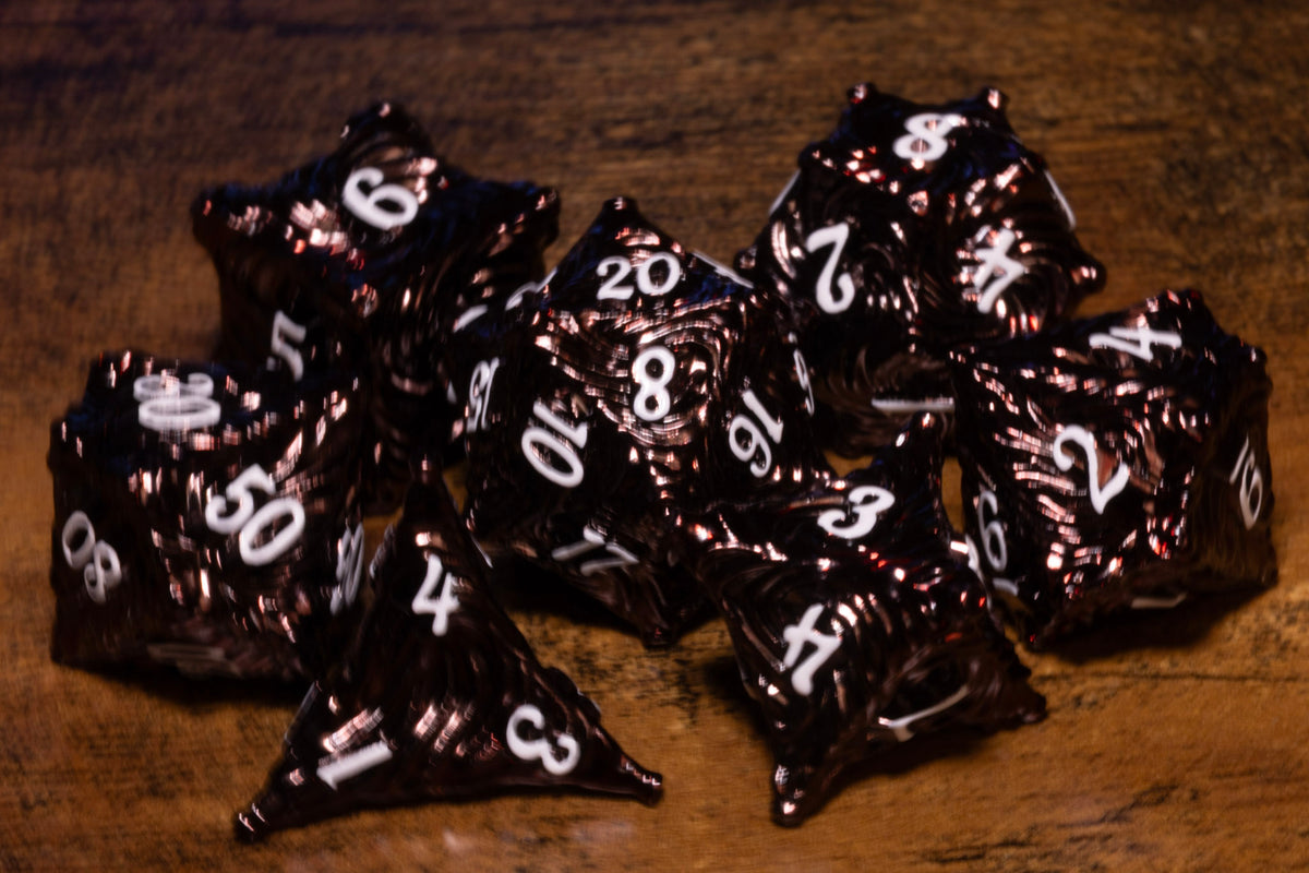 Vortex 7-Piece Metal Dice Set – Dark Red with White Numbers