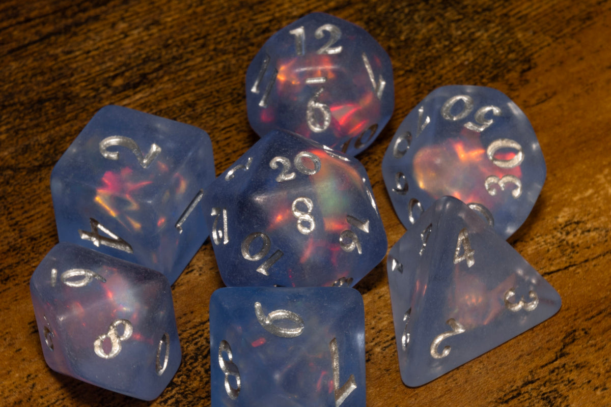 Frost Faerie Opal 7-Piece Dice Set – Frosted Blue with Holographic Foil