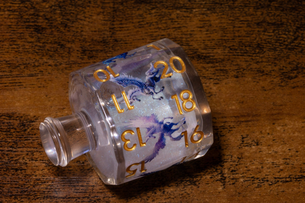 Dragon's Draught 7-Piece Liquid Core Potion Dice Set – White Shimmer with Blue & Purple Dragons