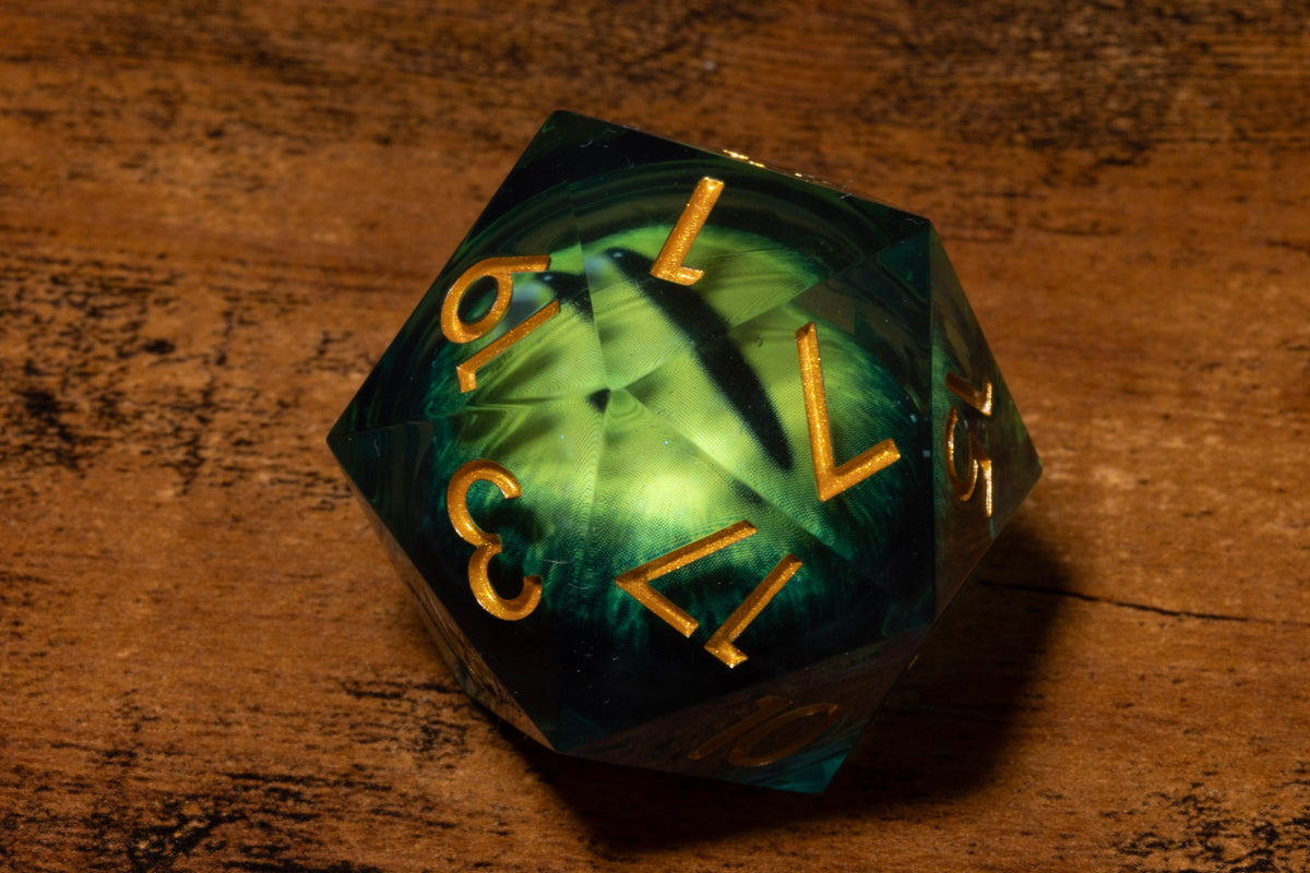 Basilisk Eye Liquid Core Oversized D20 – Extra Large D20 with Green Moving Eye