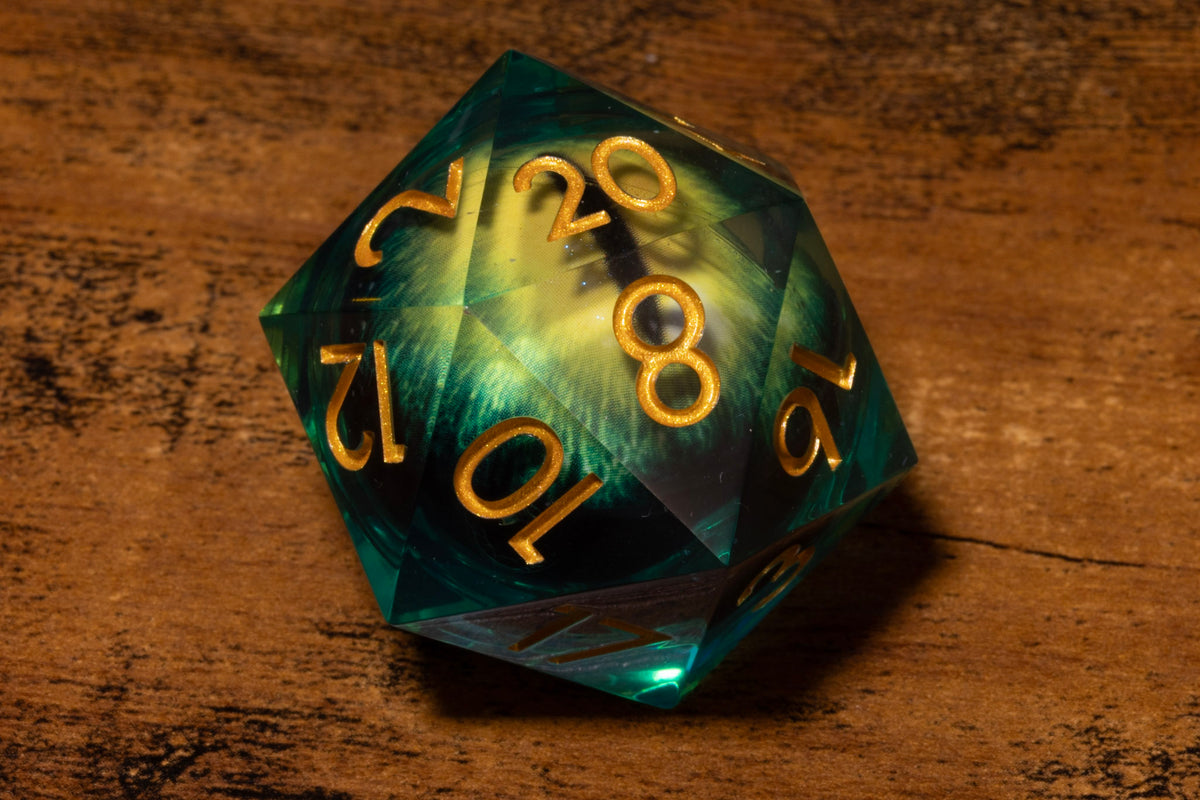 Basilisk Eye Liquid Core Oversized D20 – Extra Large D20 with Green Moving Eye