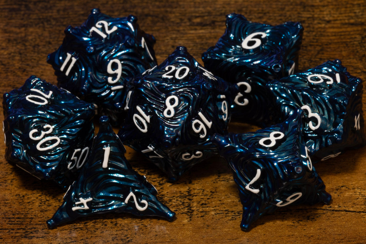Vortex 7-Piece Metal Dice Set – Navy Blue with White Numbers
