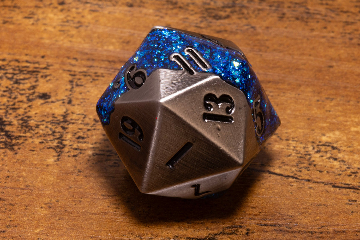 Mana Ore Metal D20 – Antique Silver with Blue Mica