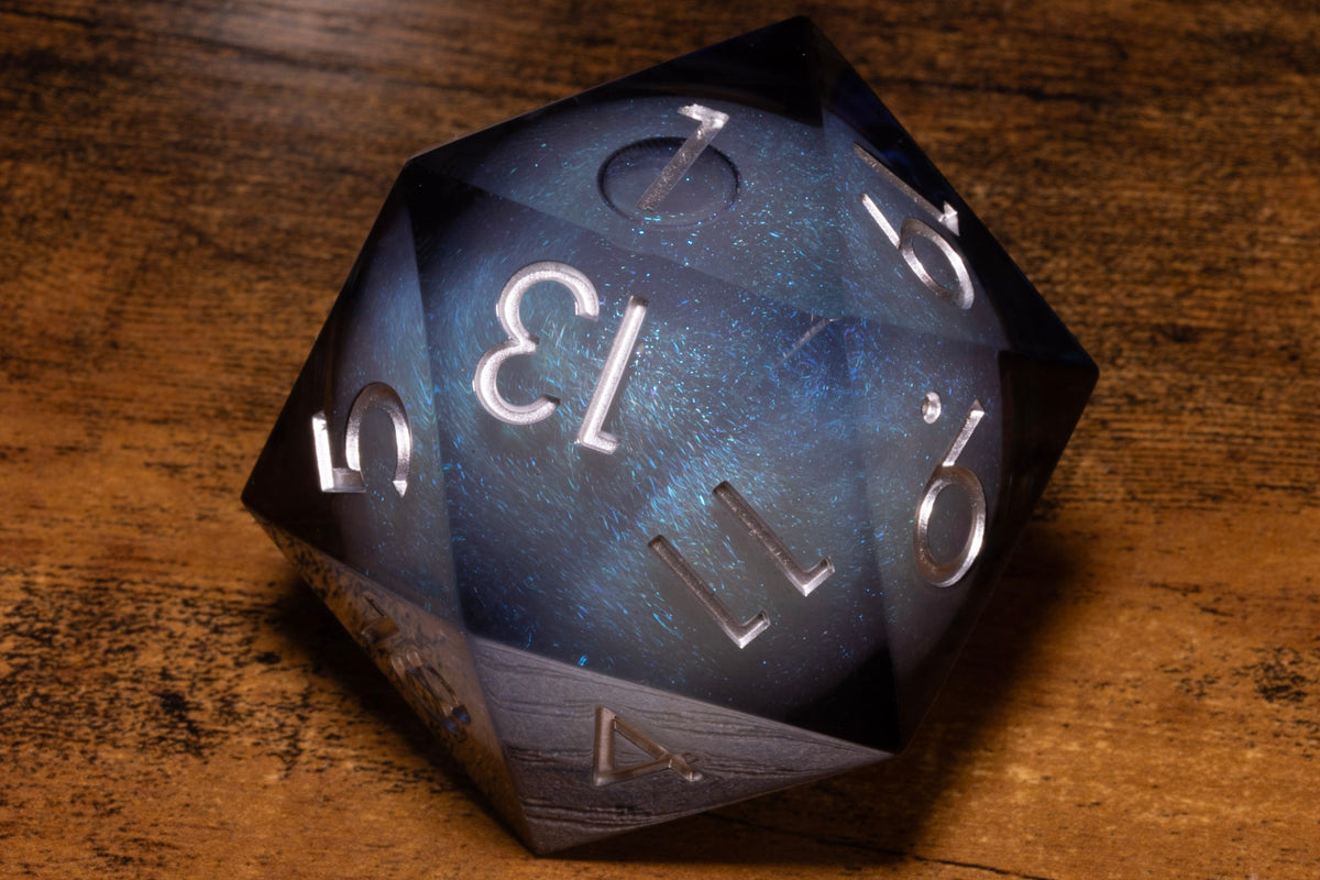 Midnight Tide Liquid Core Gargantuan D20 – 55mm Chonk D20 with Blue-Grey Shimmer Core