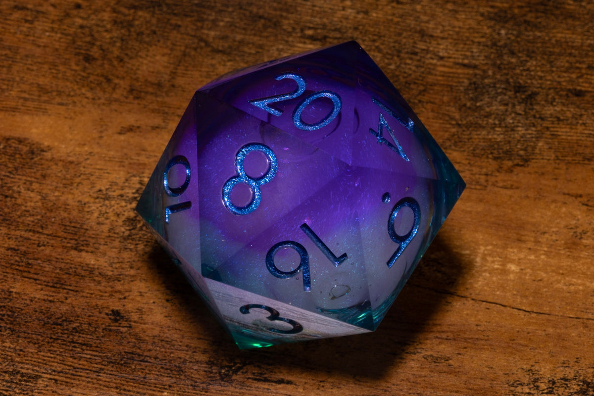 Twilight Mist Liquid Core Gargantuan D20 – 55mm Chonk D20 with Blue & Purple Shimmer Core