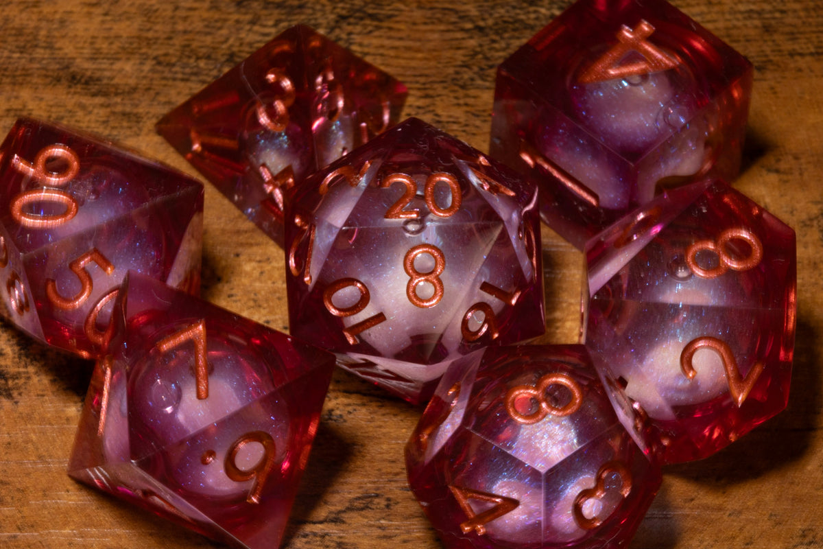 Aether Mist 7-Piece Liquid Core Dice Set – Sharp Edge with Shimmering Pink Core