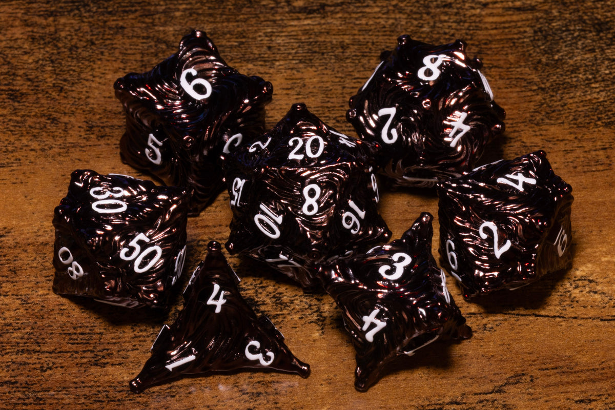 Vortex 7-Piece Metal Dice Set – Dark Red with White Numbers