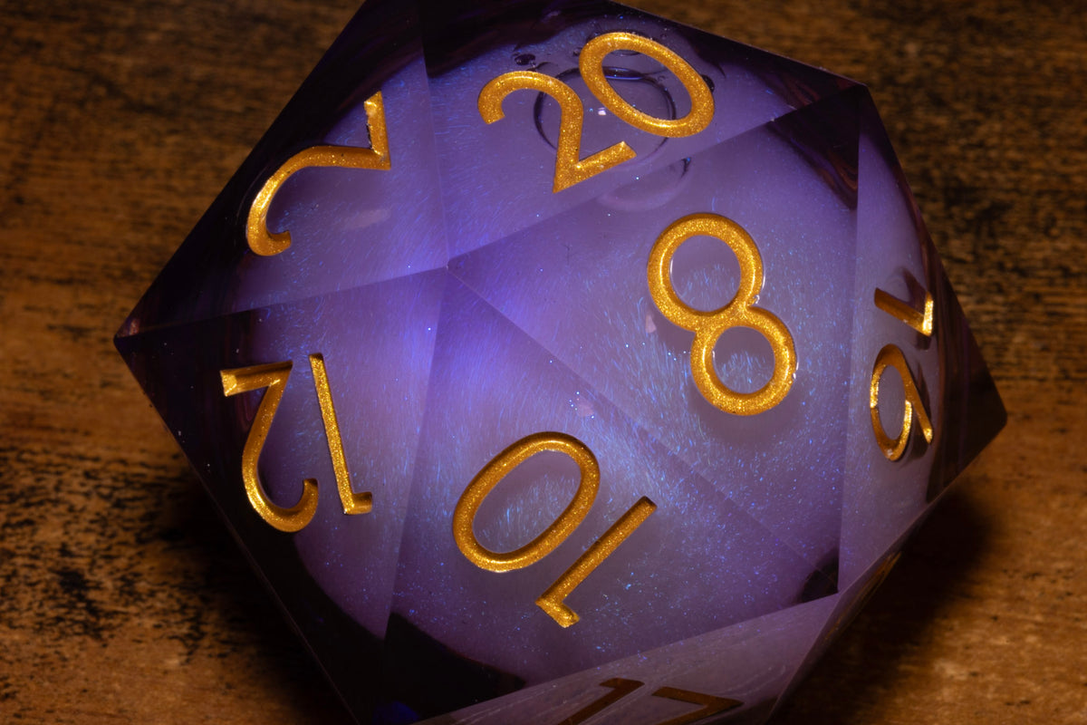 Amethyst Storm Liquid Core Gargantuan D20 – 55mm Chonk D20 with Purple Shimmer Core