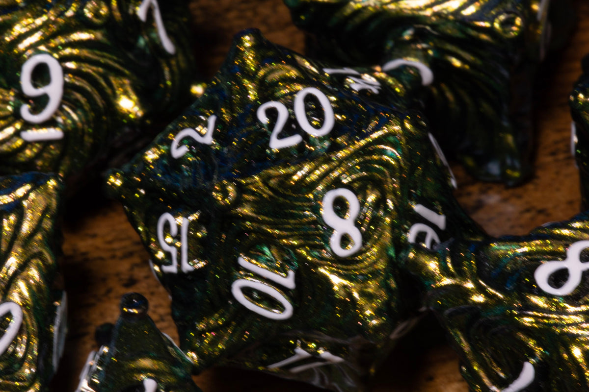 Vortex 7-Piece Metal Dice Set – Lime Green with White Numbers