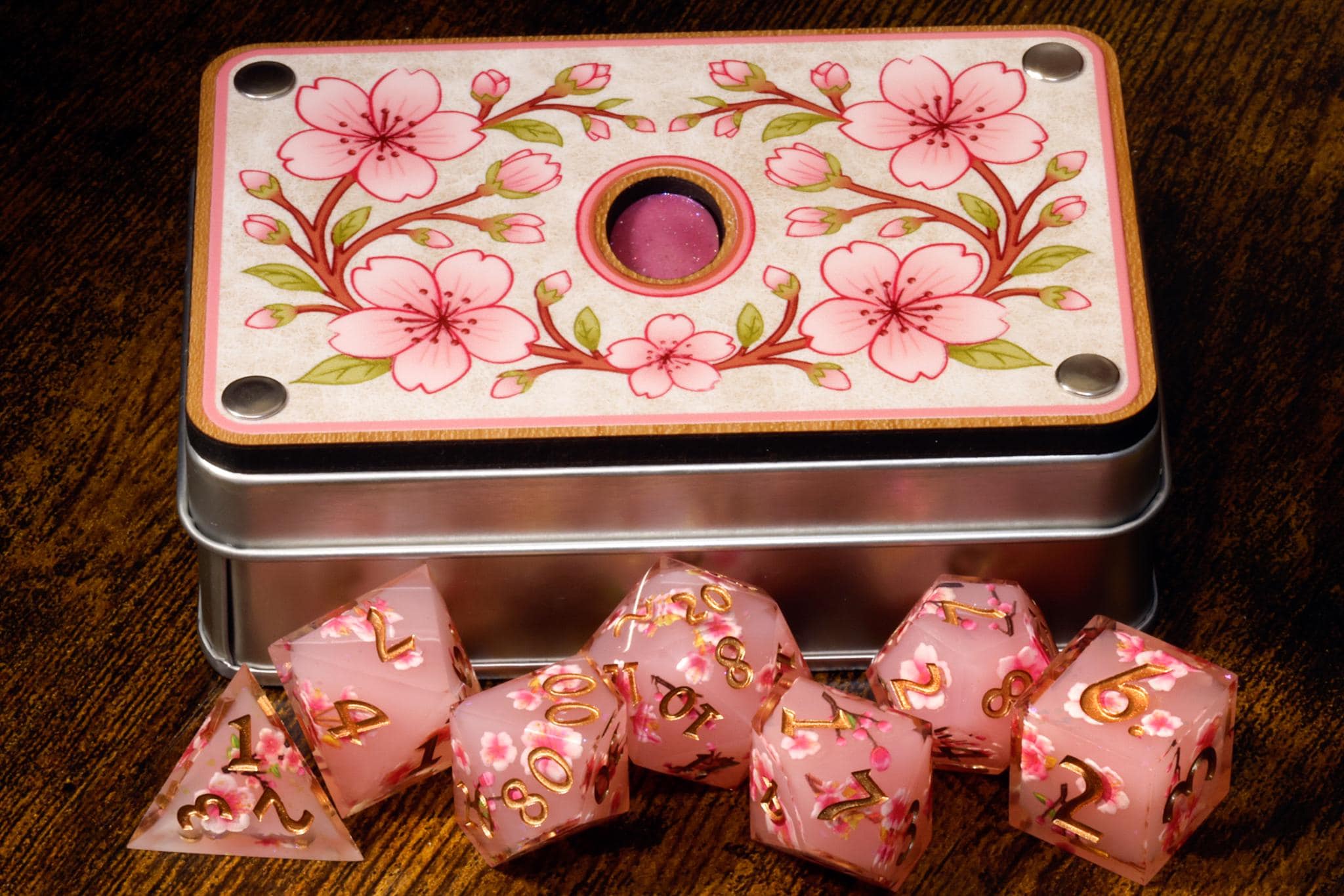 Sakura Dice Set – Sharp Edge Resin Dice with Jewel Box