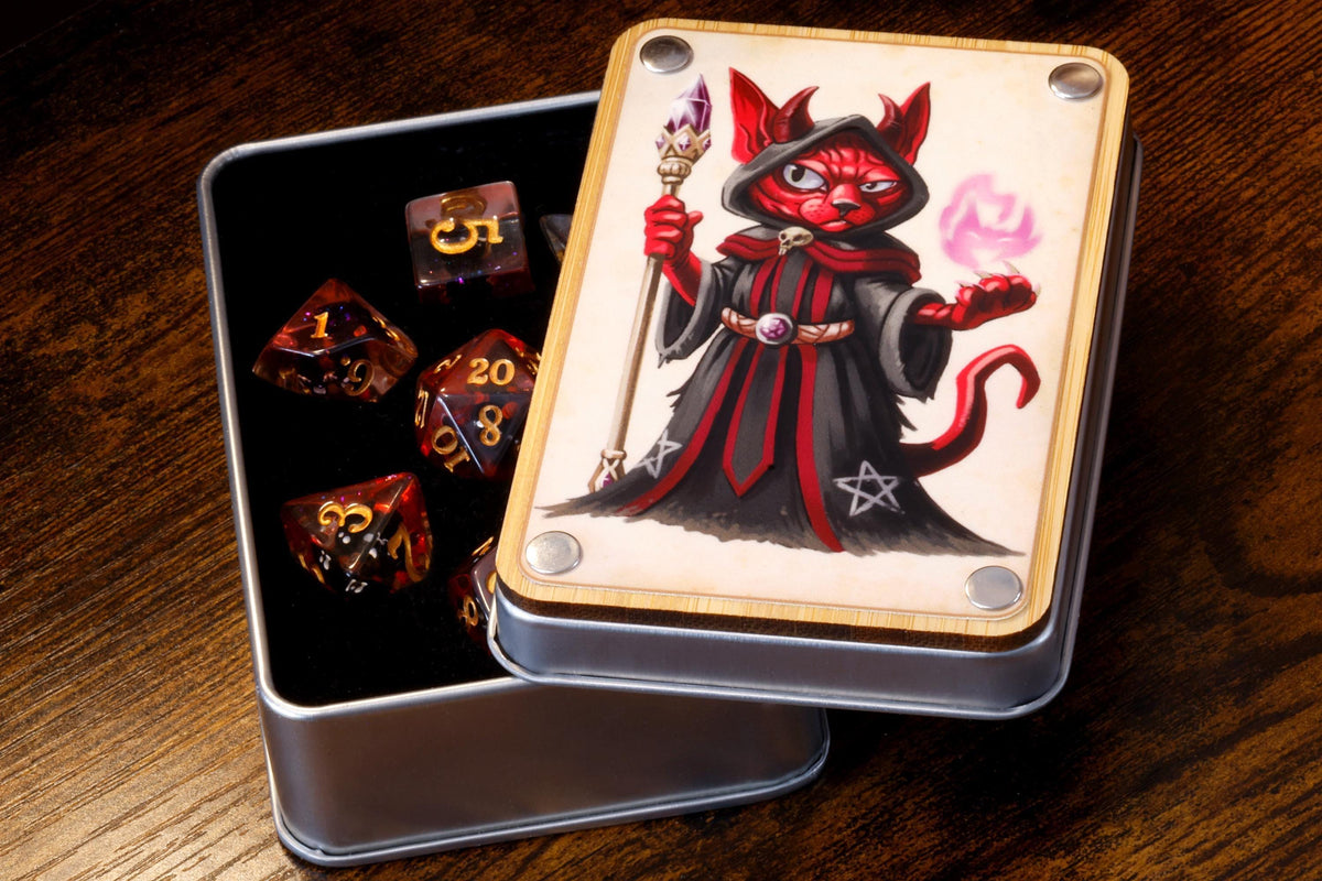 Warlock Cat Dice Box & Dice Set – Winged Demonic Cat Inclusions on Red Layer