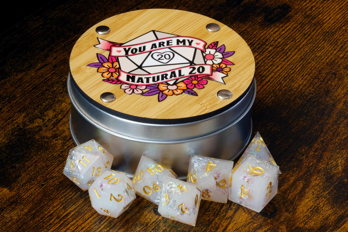 Serenity Bloom 7-Piece Sharp Edge Dice Set & "You Are My Natural 20" Box