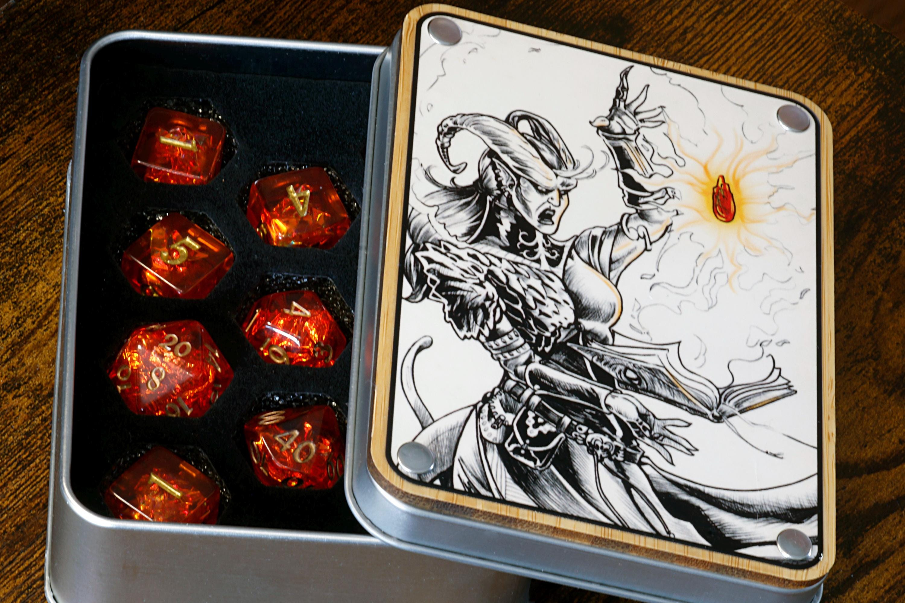 Pyromancer Ritual Dice Box and  11-Piece Fire Opal Dice Set