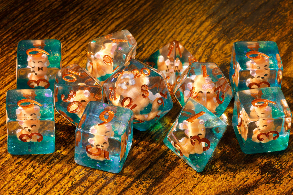 Fox Dice Set & Box – Red Fox Cubs on Green Glitter Layer