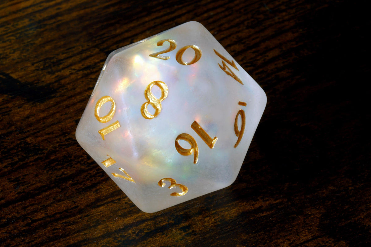 Paladin's Oath Large D20 Dice – Set of 3, Frosted White with Holographic Foil