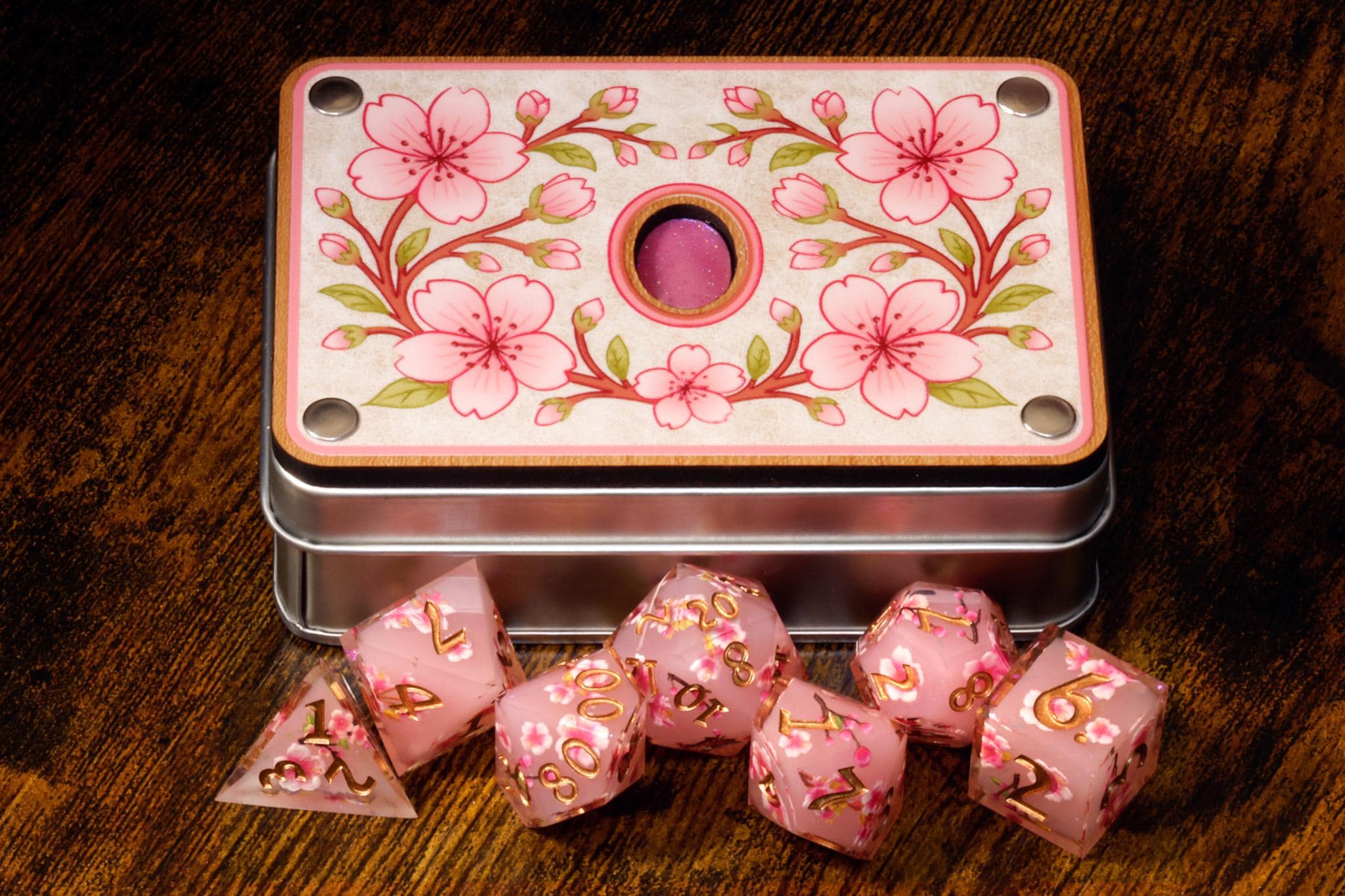 Sakura Dice Set – Sharp Edge Resin Dice with Jewel Box