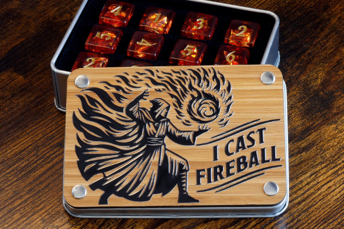 I Cast Fireball Dice Box & Fire Opal 12-Piece D6 Dice Set – Red-Orange, Holographic Glitter