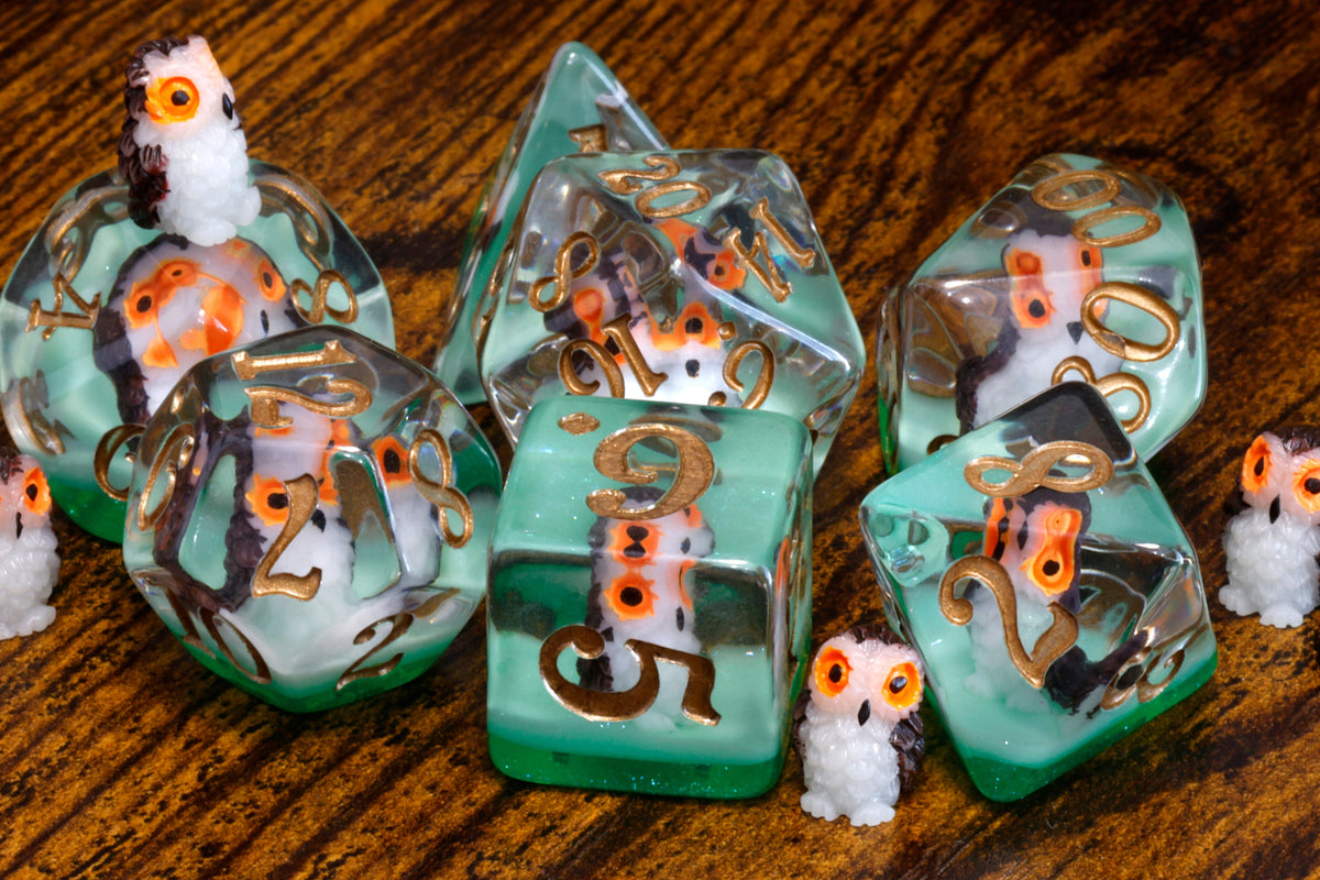 Natural History Owl Dice Box & 7-Piece Set – Owl Inclusions on Green Layer
