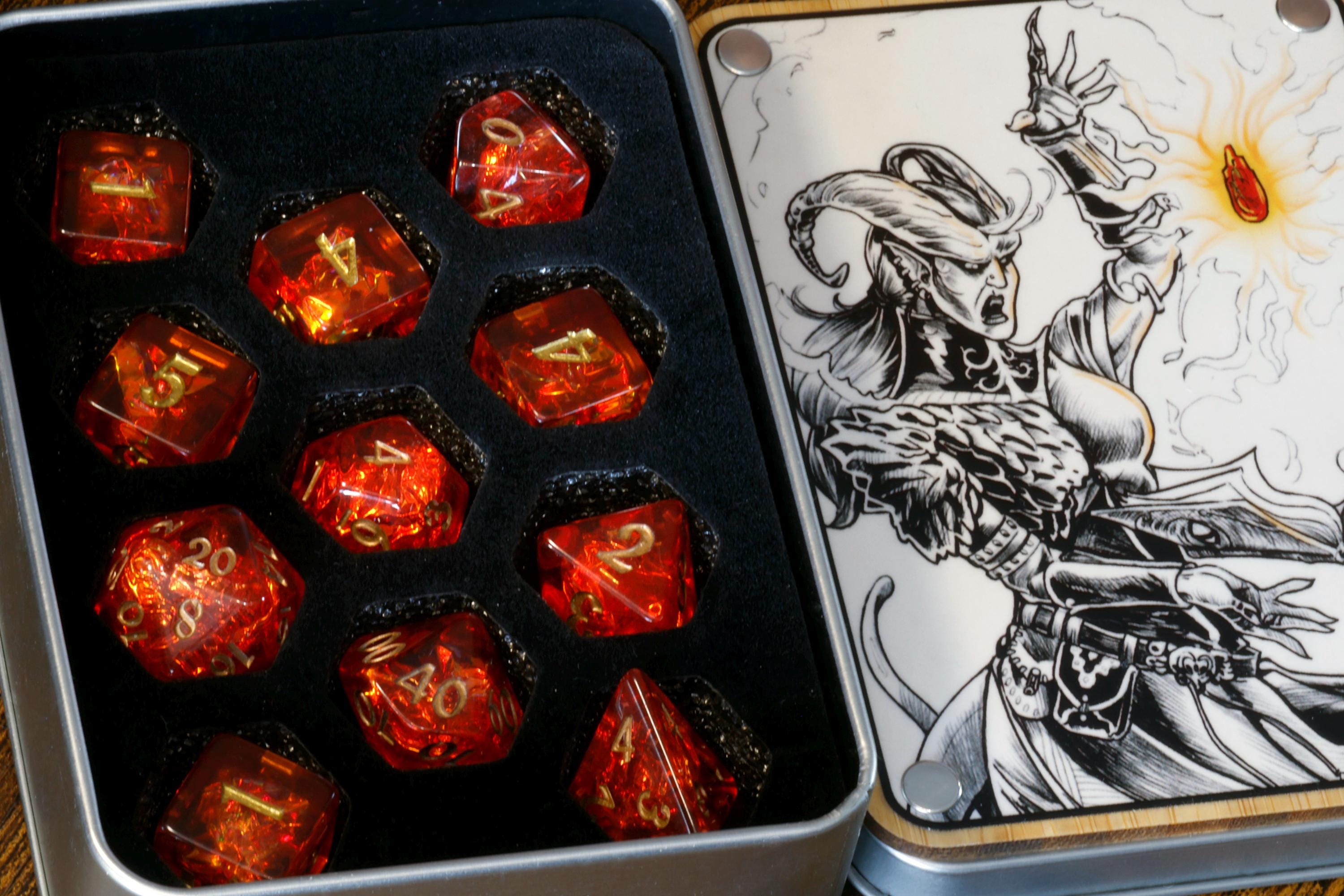 Pyromancer Ritual Dice Box and  11-Piece Fire Opal Dice Set