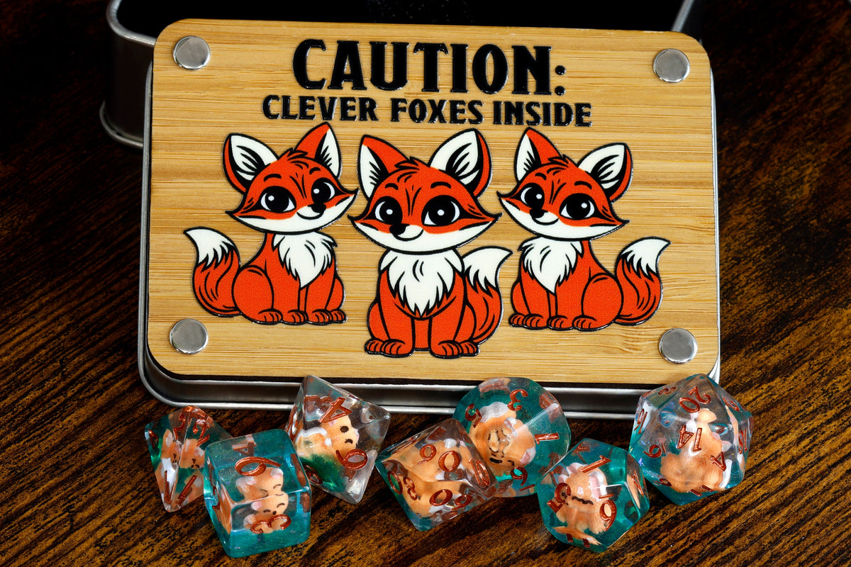 Fox Dice Set & Box – Red Fox Cubs on Green Glitter Layer