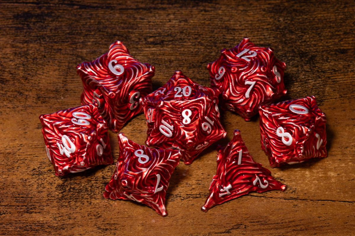 Vortex 7-Piece Metal Dice Set – Red with White Numbers