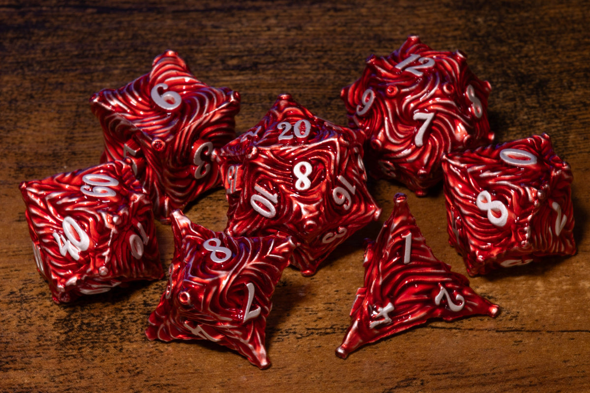 Vortex 7-Piece Metal Dice Set – Red with White Numbers
