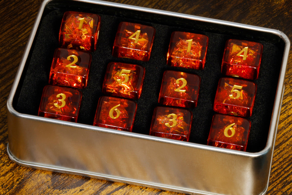 I Cast Fireball Dice Box & Fire Opal 12-Piece D6 Dice Set – Red-Orange, Holographic Glitter