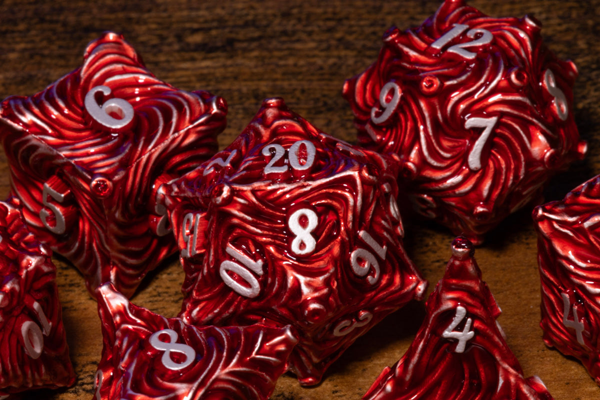 Vortex 7-Piece Metal Dice Set – Red with White Numbers