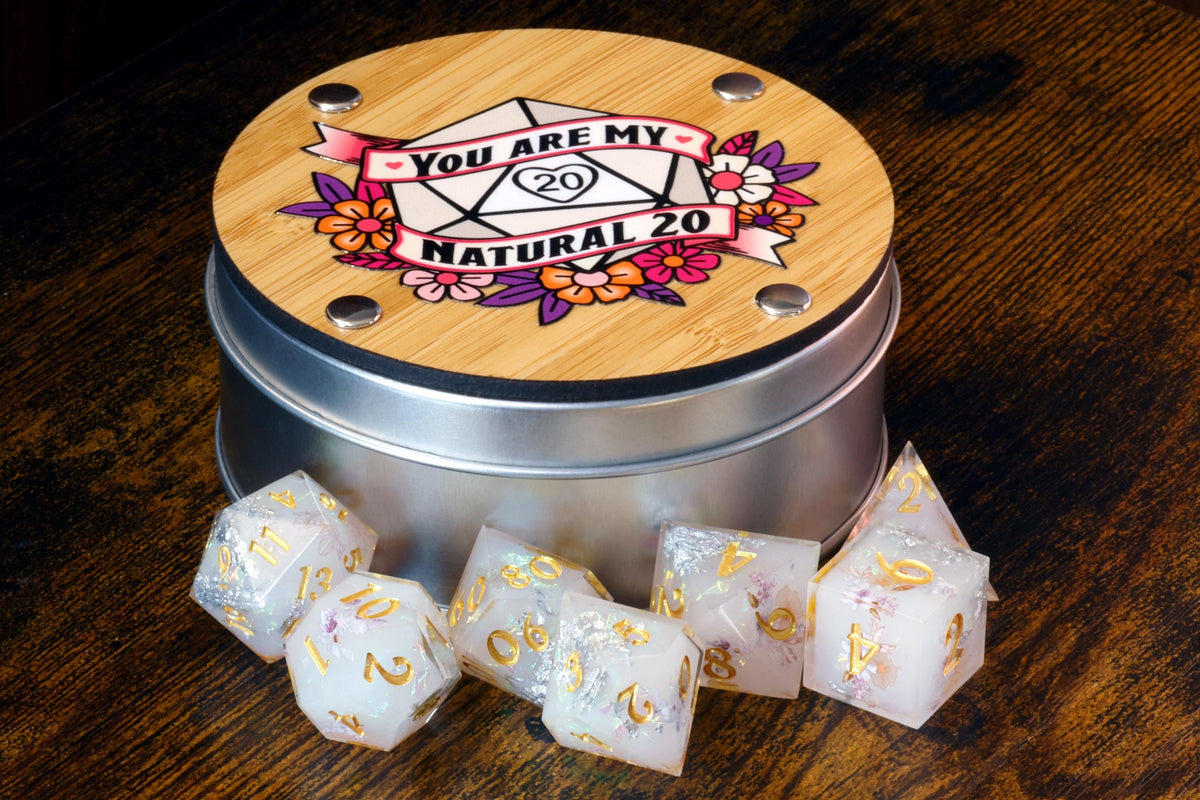 Serenity Bloom 7-Piece Sharp Edge Dice Set & "You Are My Natural 20" Box