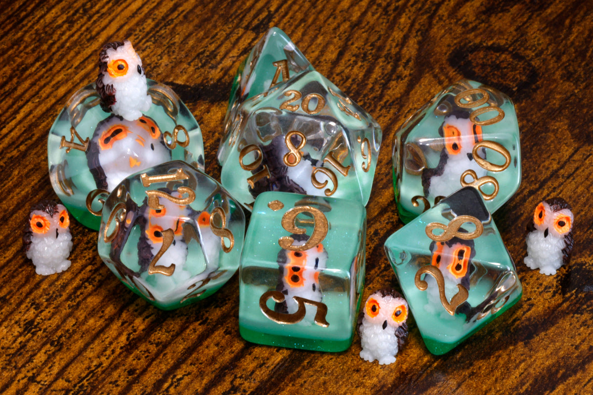 Natural History Owl Dice Box & 7-Piece Set – Owl Inclusions on Green Layer