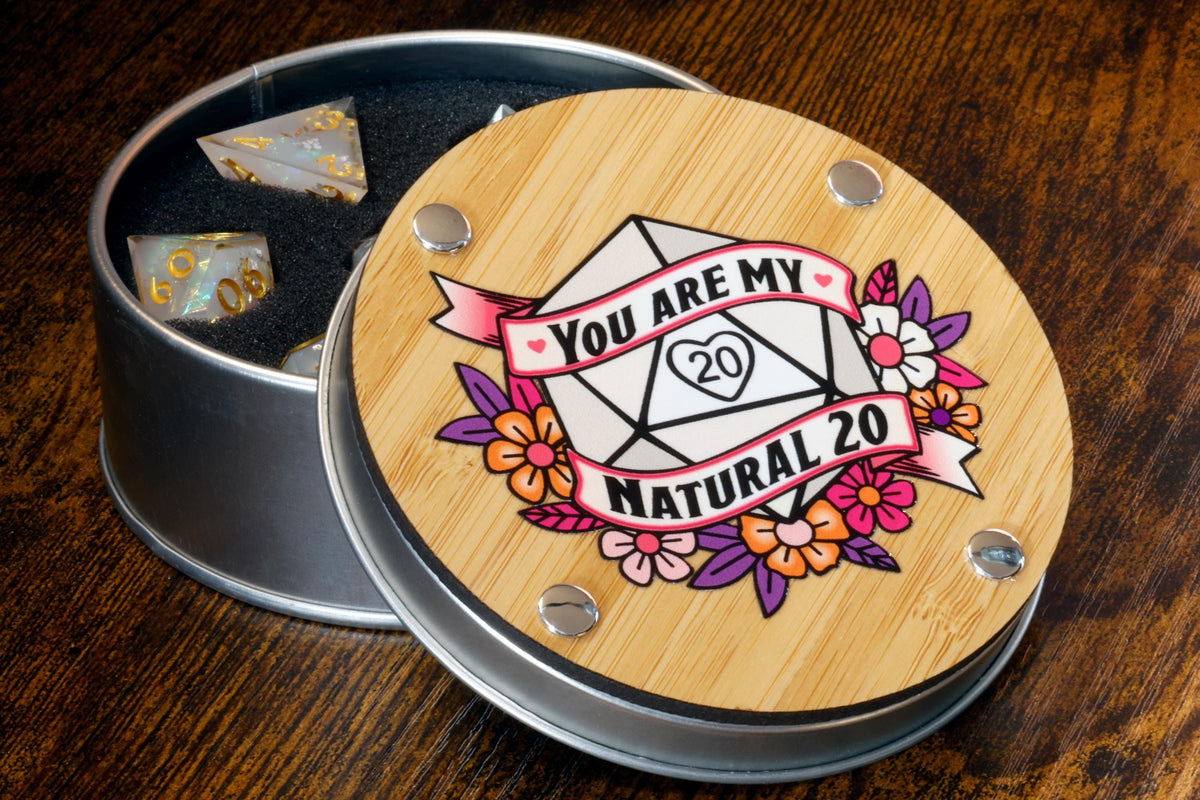 Serenity Bloom 7-Piece Sharp Edge Dice Set & "You Are My Natural 20" Box