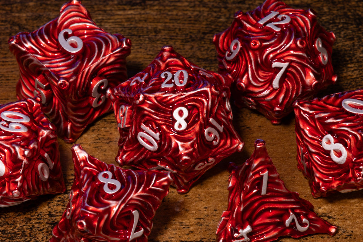 Vortex 7-Piece Metal Dice Set – Red with White Numbers