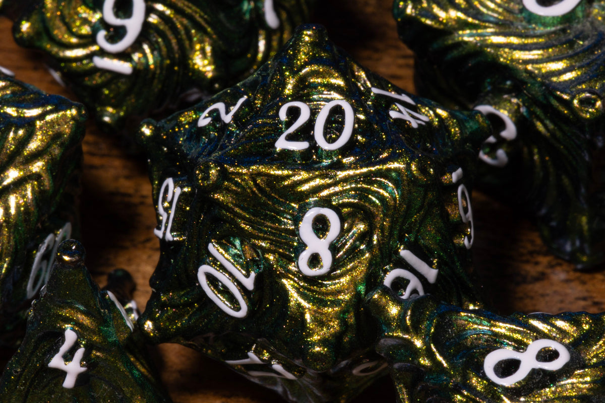 Vortex 7-Piece Metal Dice Set – Lime Green with White Numbers