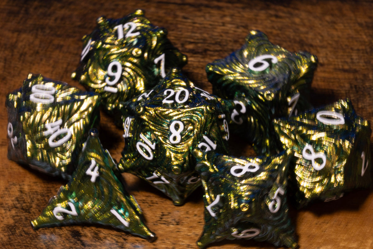 Vortex 7-Piece Metal Dice Set – Lime Green with White Numbers