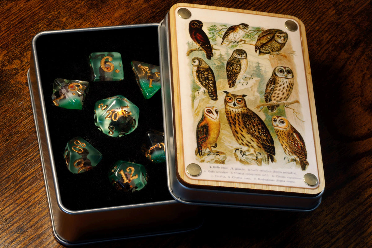 Natural History Owl Dice Box & 7-Piece Set – Owl Inclusions on Green Layer