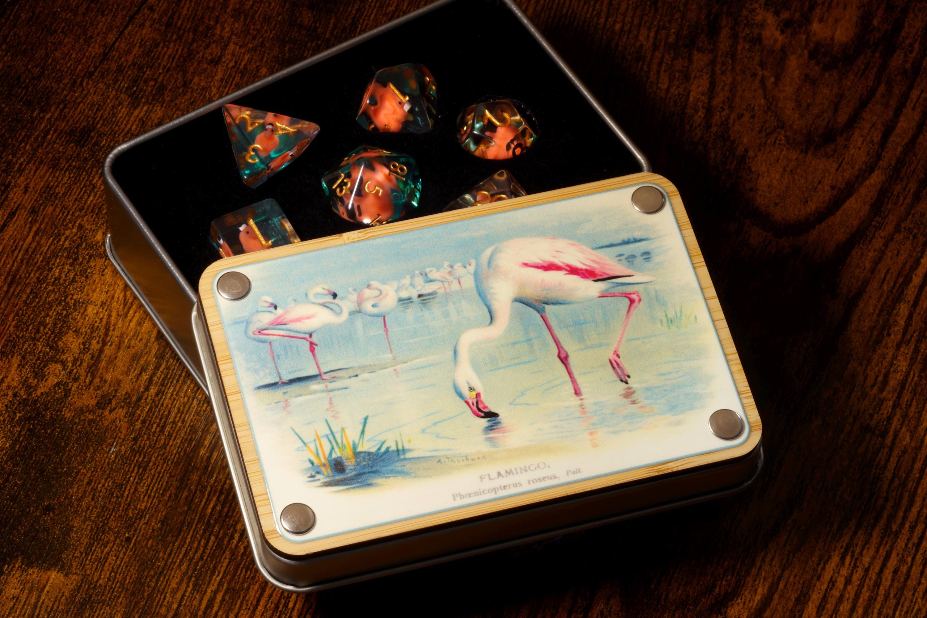 Natural History flamingoes dice box and set